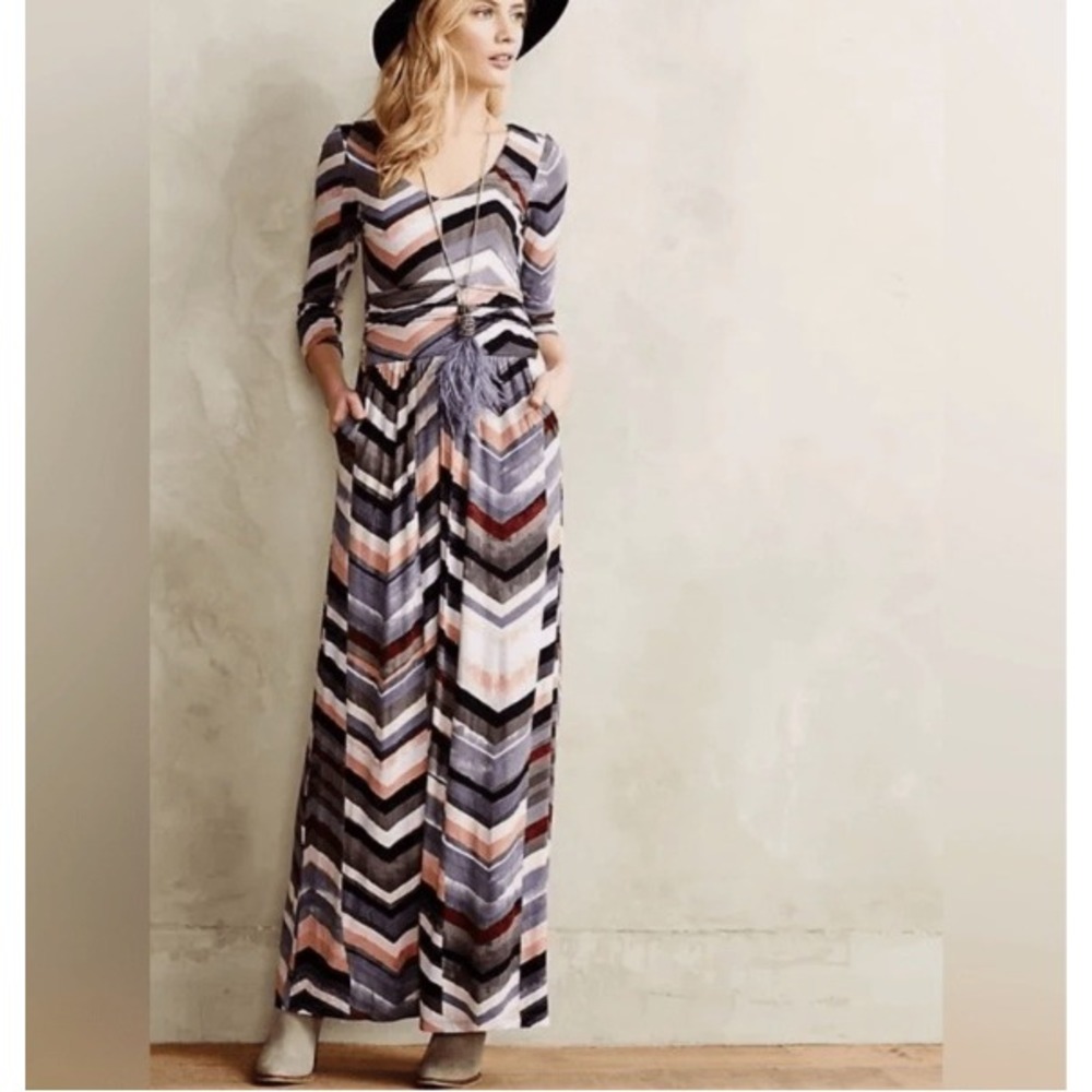 Maeve Novela Chevron Maxi Dress Womens Small Ruched V-Neck Boho Artsy
